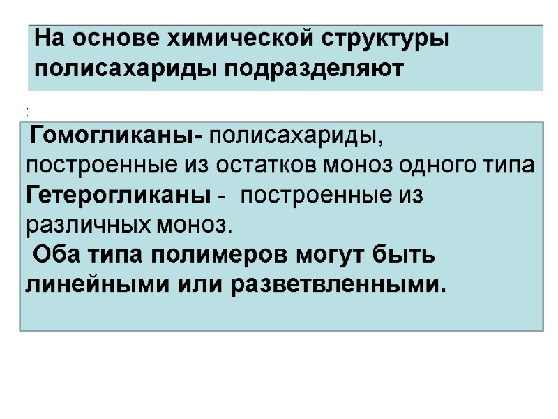 На основе химической структуры полисахариды подразделяют :  Гомогликаны- полисахариды, построенные из остатков моноз